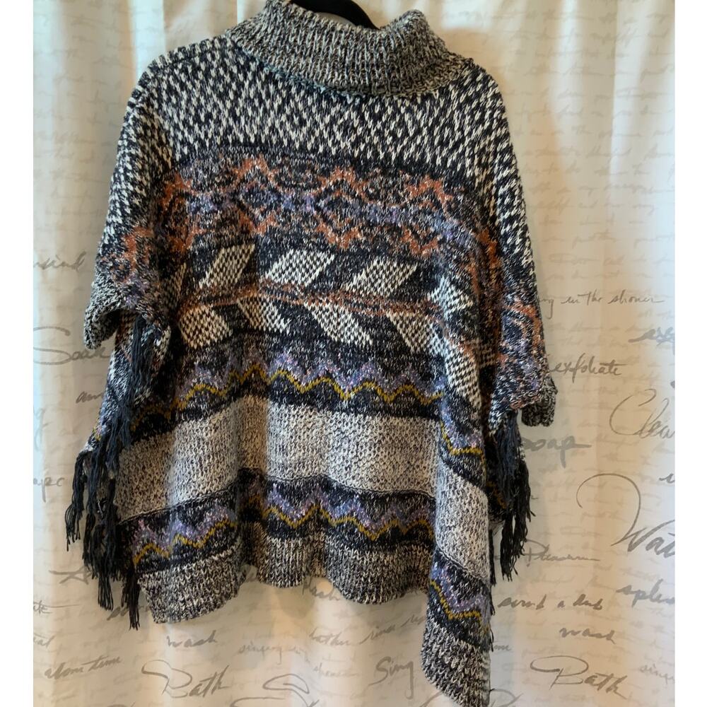 Anthropologie Pilcro Aztec Western Print Fringe Wool Oversized Poncho XS/S
